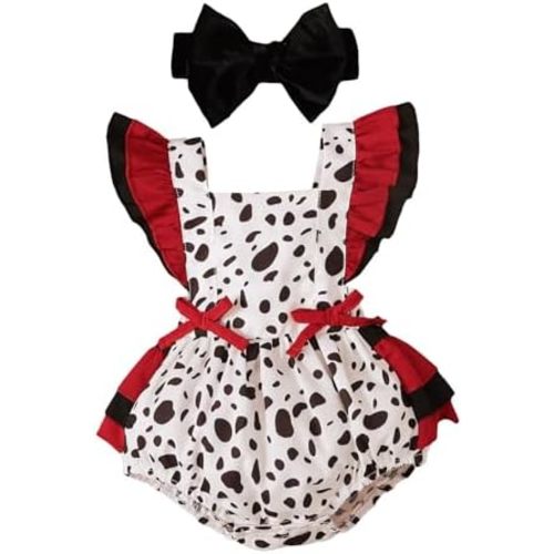 IMEKIS Newborn Baby Girls Dalmatian Costume Romper with Headband Halloween Devil Dress up Cosplay Birthday Photo Shoot