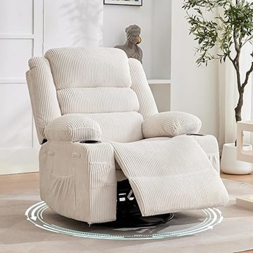 360° Swivel Recliner Chair for Adult, Corduroy Rocker Chair with 3 Positions/2 Side Pockets/Cup Holders, Manual Nursery Glider Rocking Chair for Bedroom Living Room Office