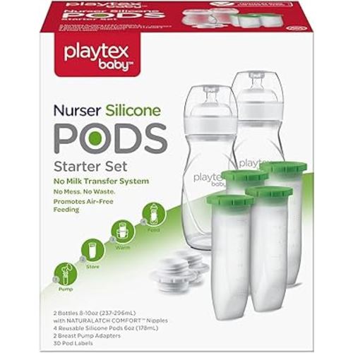 Playtex Baby Nurser PODS Starter Set with Reusable Silicone PODS, 8 Oz Bottles (x2), 6 Oz Silicone PODS (x4), and 2 Breast Pump Adapters, Feeding Essentials for Newborn and Breastfed Babies
