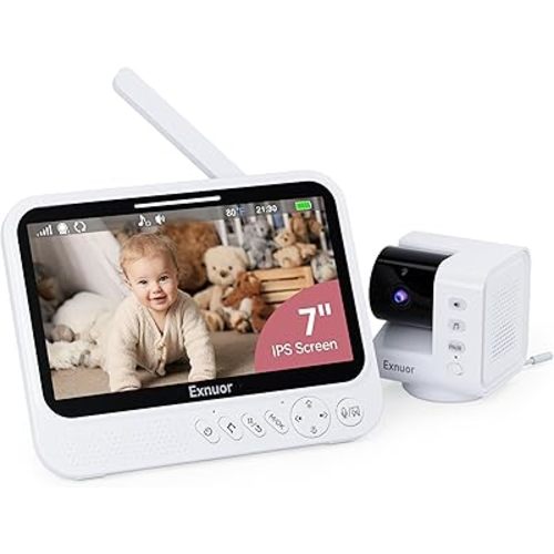 Monitor de bebé con cámara y audio, pantalla de 7 pulgadas, monitor de video para bebés sin WiFi, zoom panorámico remoto, sensor de temperatura, 8 canciones de cuna, VOX, visión nocturna, conversación