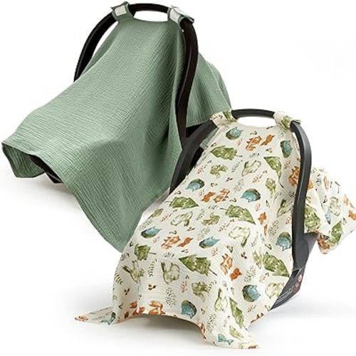 SERAPHY 100% Muslin Cotton Car Seat Cover Baby, 2 Pack Universal Carseat Covers Baby Boy Girl, Breathable Car Seat Canopy, Soft Infant Car Seat Cover for Summer and Winter—2 Pcs Green&Forest