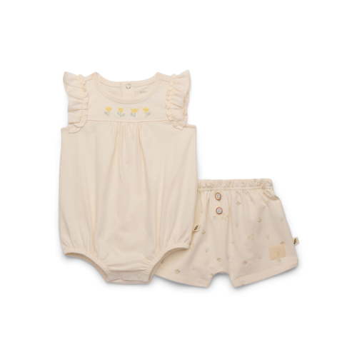 easy-peasy Baby Girls Organic Cotton Ruffle Bodysuit with Embroidered Yoke and Floral Shorts Set, 2-Piece, Sizes 0-24M