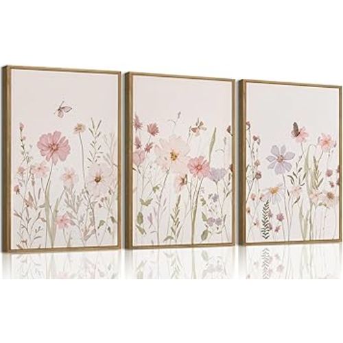 Wodkwq 3 Piece Wildflower Canvas Wall Art Framed,Pink Watercolor Flower Wall Decor,Vintage Floral Pictures,Botanical Nursery Prints For Bedroom,Living Room 16x24in