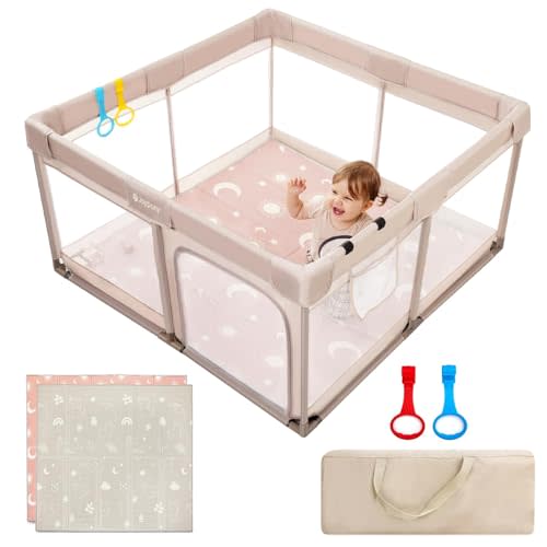 Joypony Baby Playpen with Mat, 50x50 in Small Play Pen for Babies, Toddler Playpen for Apartment, Indoors Play Yard with Soft Breathable Mesh (Beige with Mat)