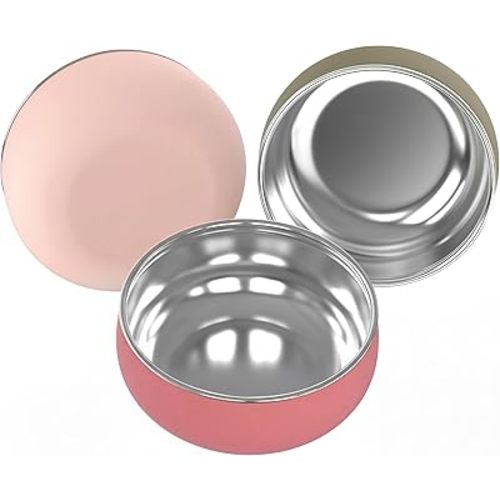 Bella's Friends Stainless Steel Baby Bowls with Silicone Sleeve 3 Pack, 4.3” for Toddlers Kids Feeding, Non-Slip, Non-Toxic, Mess-Free, Dishwasher Safe, Fit High Chair Size, Rose green Khaki