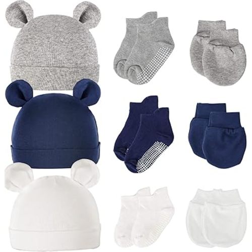 Pimoys 3 Sets Newborn Hat, Cotton Baby Hat Boys Baby Beanie Bear Ear Infant Hat New Years Gift for 0-6 Months Baby Boys (Hat, Mittens,Socks) Blue