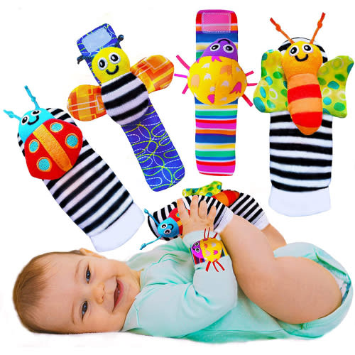 Semfri 4 Piece Baby Wrist Rattle & Foot Finder Socks Sensory Learning Toys for Boys & Girls