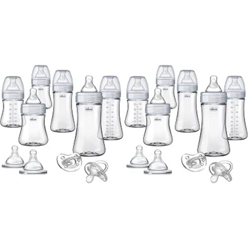 Chicco Duo Deluxe Hybrid Baby Bottle Starter Gift Set with Invinci-Glass Inside and Plastic Outside | Dishwasher, Bottle Warmer, and Electric Sterilizer Safe | Intui-Latch Nipple | Clear/Grey