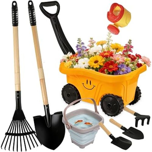 Toddlers Rake & Shovel Set with Wheelbarrow, Kids Yard Tools for Digging, Gardening, Beach, Sandbox, Lawn, Camping, Summer Outdoor Garden Toys Gifts for Children Age 3-6 Years Old