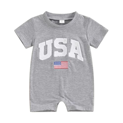 Shejingb 4th of July Baby Outfit Newborn Boy Usa Romper Letter&Flag Embroidery Short Sleeve Jumpsuit One Piece Summer Clothes