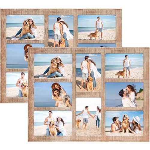 YESKAY 4x6 Collage Picture Frame Set of 2,Real Glass 8-Opening 4 x 6 Photo Frames,Multiple Family Photo Collage Frames for Wall Decor,Rustic Brown(OD:13X17in)