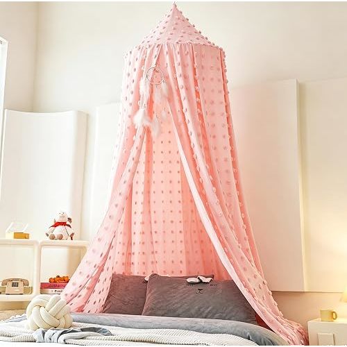 Bed Canopy for Girls Kids,Hanging Canopy Bed Curtains with Pom Pom,Ceiling Castle Mosquito Net Children Reading Nook Decoration(Pink)