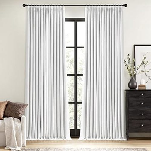 MIULEE White Pinch Pleated 100% Blackout Linen Curtains 96 Inch Length 2 Panels Set, Pleat Curtains with Pin Hooks, Black Out Light Blocking Room Darkening Drapes for Bedroom Living Room Window