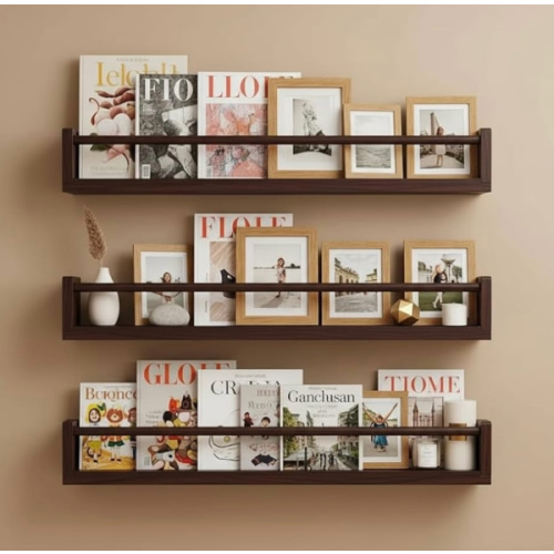 Set of 3 Kids Floating Bookshelves Deep Walnut – 24 Inch Wall Mounted Nursery Book Shelves with Safety Rail – Ideal Storage & Display Shelf for Nursery, Bedroom, and Playroom