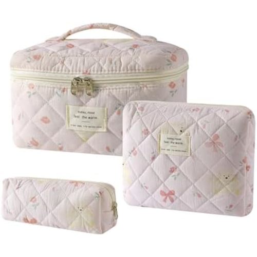 uekeboag 3Pcs Quilted Cotton Makeup Bag,Coquette Quilted Toiletry Bag for Women and Girls,Floral Coquette Pouch,Cute Kawaii Travel Cosmetic Bags(3Pcs Bear Bow)
