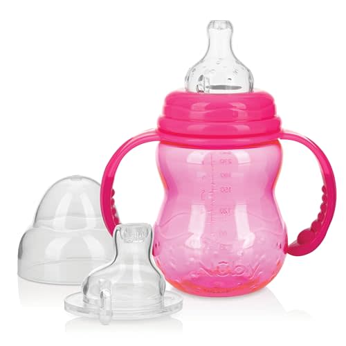 Nuby 3 in 1 Baby Bottle to Training Sippy Cup - 8 oz - Spill-Proof Toddler Sippy Cups with Easy Grip Handles - Dishwasher Safe - 3+ Months - Pink