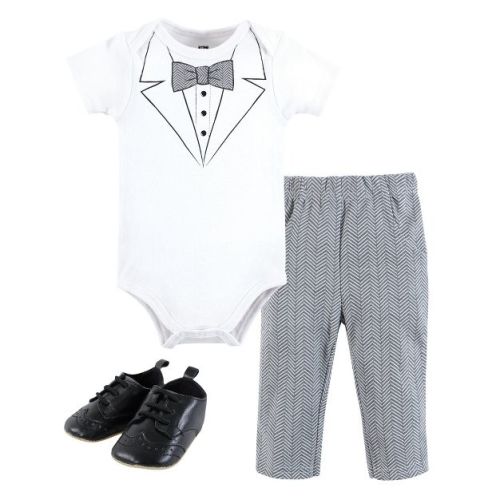 Hudson Baby Infant Boys Cotton Bodysuit, Pant and Shoe Set, Tweed Bow Tie, 9-12 Months