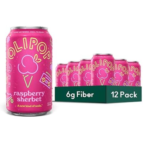 OLIPOP Prebiotic Soda Pop, Raspberry Sherbet, Pantry Pack Packed with Prebiotics, Fiber, and Botanicals, Gluten Free, GMO Free, 12oz (12-Cans) (Packaging May Vary)
