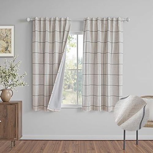 MYSKY HOME 100% Blackout Plaid Linen Curtains 63 Inches Long Double Layer Farmhouse Thermal Insulated Checkered Print Drapes with Rod Pocket Back Tab for Living Room Bedroom, 2 Pcs, 52"Wide, Deep Grey