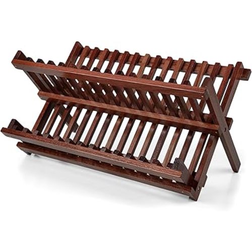 Teak Dish Drying Rack,Folding Collapsible Drainer Plate Organizer Holder for Kitchen,Foldable Spice Rack for Countertop and Cabinet,Pantry Organization and Storage