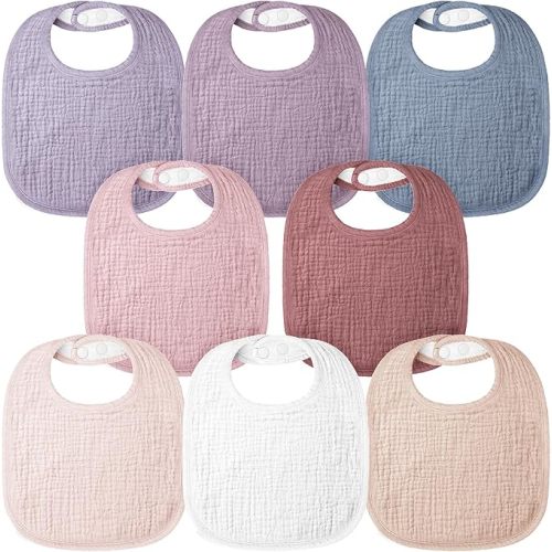 Bearmoss Baby Muslin Drooling Bibs 100% Cotton Square Adjustable Bibs Gift for Baby Girls Boys Teething Drool 8 Pack