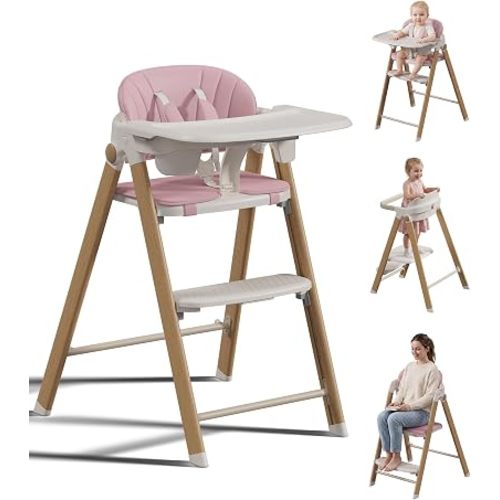Convertible Baby High Chair to Toddler Tower, Foldable Wood Grain Highchair