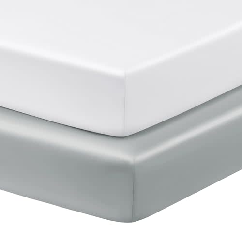 Horbaunal 2 Pack Satin Pack n Play Sheets, White & Grey | Silky Mini Crib Sheets, 38" x 24" x 5", for Baby with Sensitive Hair and Skin, Baby Playard Sheet Protector