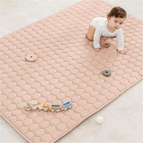 Comfy Cubs Rectangle Kids Play Mat - Medium 48 x 72 inches Soft Quilted Baby Floor Mat with Non-Slip Bottom - Plush Design for Toddlers Playtime - Comfortable and Durable - Blush