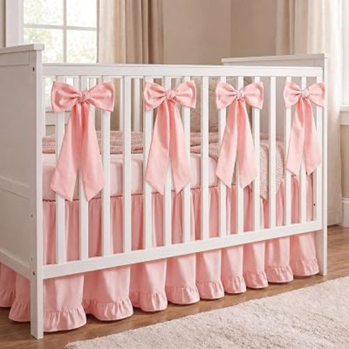 SmoothNovelty Pink Crib Bed Skirts with 4 Large Cot Bow 28" x 52" Baby Crib Skirt for Boys Girls Nursery Toddler Bedskirt Dust Ruffle 14" Drop