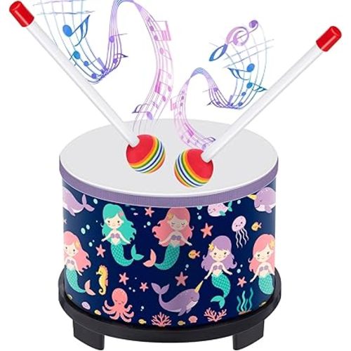Boao Kids Floor Tom Drum with 2 Rainbow Mallets for Over Age 6 Year, Wooden Percussion Instrument Music Drum Set 8'' W x 6.5'' H Toys Educational Kids' Instruments for Birthday Gift(Mermaid Style)