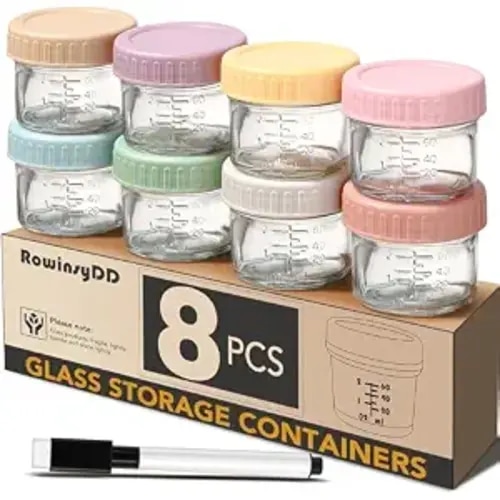 Baby Food Containers, 4 oz, 8 Pack, Glass Jars with Lids