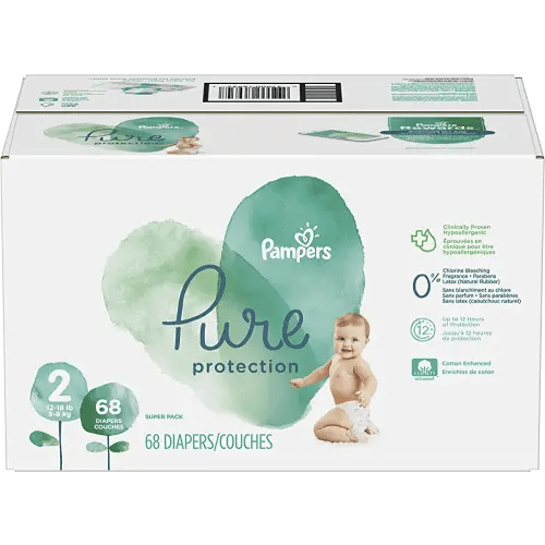 Diapers Size 2, 68 Count - Pampers Pure Protection Disposable Baby Diapers, Hypoallergenic and Unscented Protection, Super Pack (Old Version)