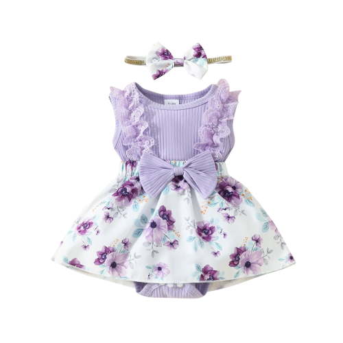 Atogsazn Toddler Girls Clothes Set Baby Lace Ribbed Jumpsuit Romper Floral Skirts Outfit with Headband Z-Purple 0-3 Months Fashion