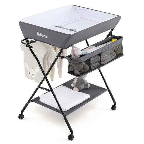 INFANS Baby Changing Table with Wheels, Portable Folding Diaper Station Nursery Organizer with Storage Basket, Hanging Rack, Adjustable Height, Safety Belt for Newborn Infant