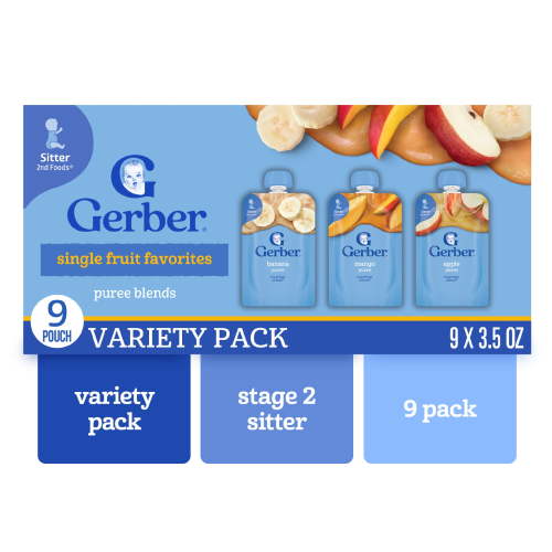 Gerber Stage 2 Baby Food, Single Fruit Favorites Puree Pouches, Variety Pack, 9PK 1.967 lb.