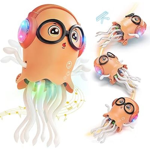 GONINO DJ Dancing Jellyfish Baby Toys, Musical Crawling Tummy Time Toys with LED Light & Smart Obstacle Avoidance, 360° Spin Sensory Toys for Toddlers, Kids Toys Birthday Gifts for Boys Girls, Orange