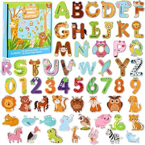 52PCS Fridge Magnets for Kids – 26 Cute Animal Magnets & 26 Magnetic Alphabet Letters, for Toddlers Preschool Fun Educational Learning