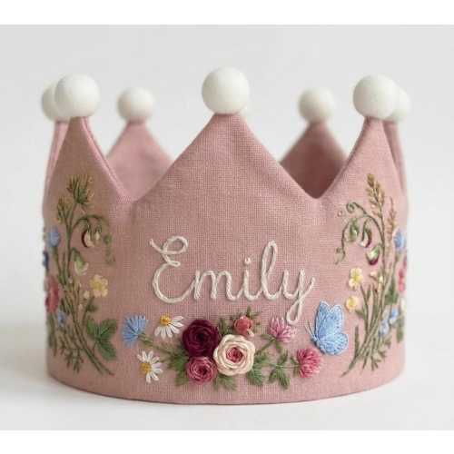 Custom Hand Embroidered Linen Crown, Baby First Birthday Crown, Crown for Kids, Personalized Gift, Birthday Outfit, Keepsake Birthday Crown