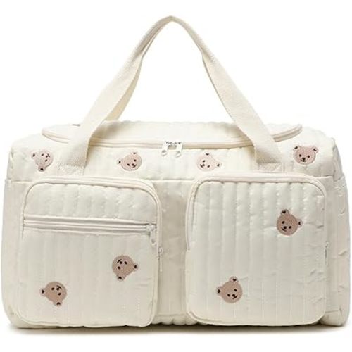 Quilted Diaper Bag Large Capacity Teddy Bear Pattern Cute Duffle Bag Portable & Lightweight for Hospital and Weekender Travel, 18.9x8.7x10.2in