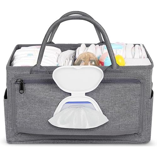 Premium Diaper Caddy with Smart Side Wipes Pocket, Diaper Organizer, Portable Car Organizer & Nursery Basket for Newborn Essentials, Perfect Registry Must Haves for Boys & Girls, Grey