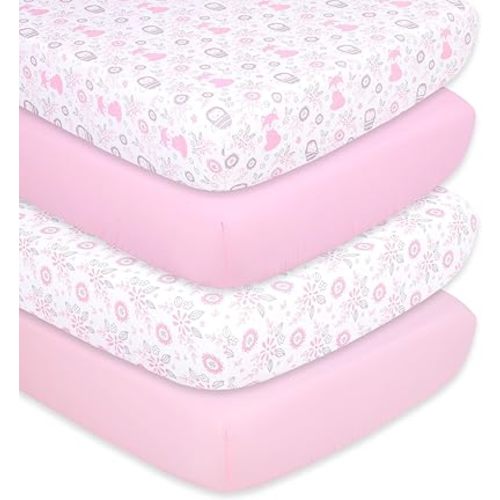 The Peanutshell Baby Crib Sheets 4-Pack for Girl - Soft, Oval & Fitted Baby Girls Crib Sheet, Rectangle, Fitted Covers, Halo Mattress - Woodland Floral