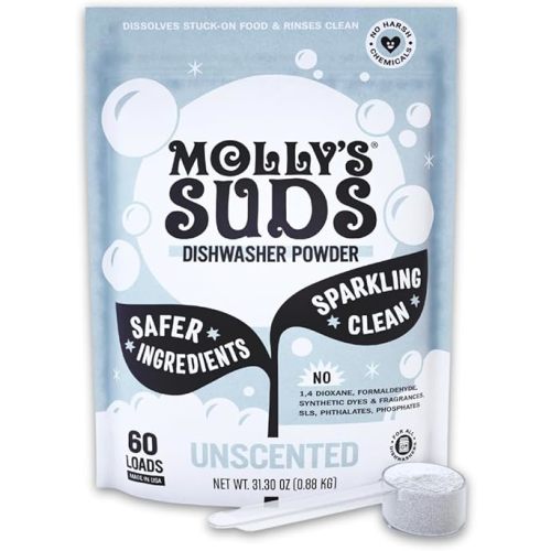 Molly's Suds Dishwasher Powder | Clean Dishwasher Detergent, Cuts Grease & Rinses Clean (Residue-Free) for Sparkling Dishes | 60 Loads (Unscented)