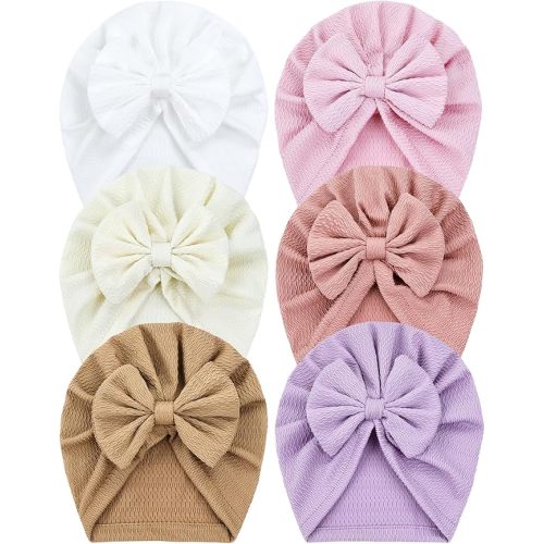 Cinaci 6 Pack Soft Turban Hats with Bow Donut Nursery Hospital Caps Beanies Bonnets for Baby Girls Newborns Infants Toddlers