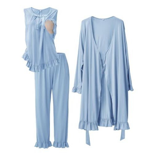 SUNNYBUY 3 PCS Ruffle Maternity Nursing Pajamas Set & Robe for Postpartum | Breastfeeding Tank Top with a Cute Bow, Pregnancy Pants & Robe, Hospital Bag Essential PJs