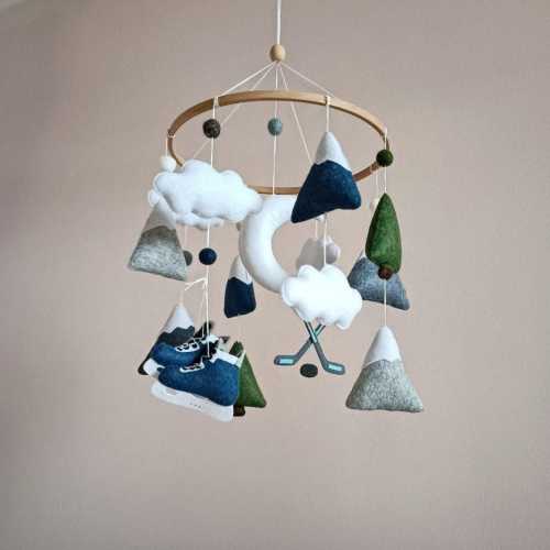 Hockey Nursery Mobile, Skates, Sticks, Mountain Theme, Baby Shower Gift