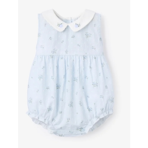 Blue English Rose Embroidered Collar Bubble 6-9 M