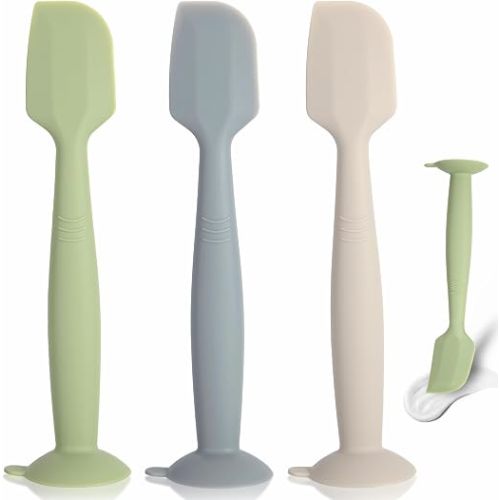 Baby Diaper Cream Spatula 3 Pack Diaper Spatulas Soft Silicone Diaper Cream Applicator Baby Butt Paste Spatula Brush with Suction Base,Full Size(Gray+Off-white+Green