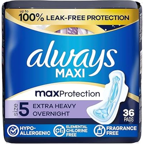 Always Maxi Overnight Pads with Wings for Women, Size 5, Extra Heavy Overnight Absorbency, Unscented, 36 Count