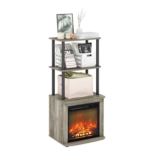Furinno Turn-N-Tube 2-Tier Tall TV Entertainment Side Table Display Rack with Fireplace Insert, French Oak Grey/Black