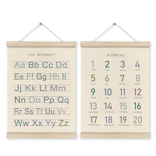 HRQKO Alphabet Numbers Poster Hanger Frame Set of 2, Nursery Wall Decor, Boho ABC Poster Wall Art with Wooden Frames, Alphabet Banner Wall Hanging Decor for Boy Toddler Room Playroom, 12x16 Inch